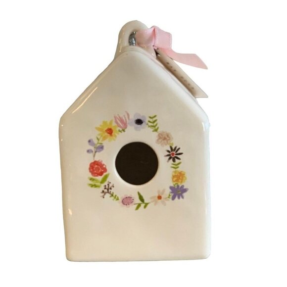 Rae Dunn Watercolor Floral Birdhouse Ceramic Spring Flowers Dimples White Pastel - Picture 1 of 6
